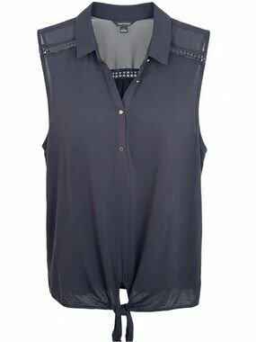 Ann Taylor Large Navy Mixed Media Tie Front Sleeveless Essential Blouse EUC